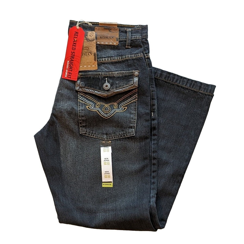Vintage Y2K KOMAN Denim Jeans 38x32/31 Relaxed Straight Fit Wide Cuff Baggy NWT